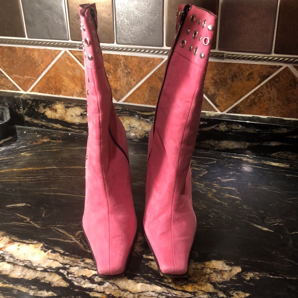 Pink Suede with silver grommet detail heel boots